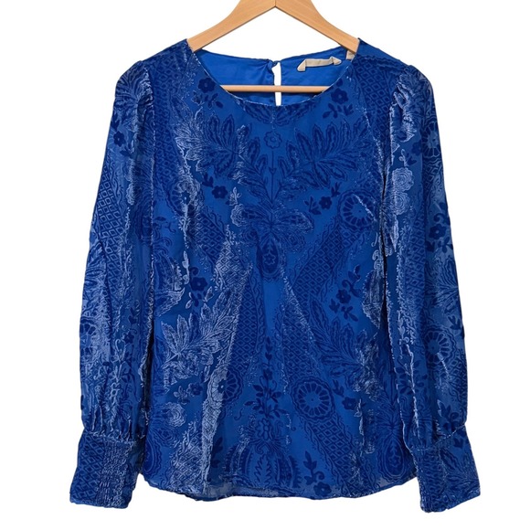 Soft Surroundings Vanetta Velvet Top Blue Devore  Damask Floral Blouse Small - Picture 4 of 13